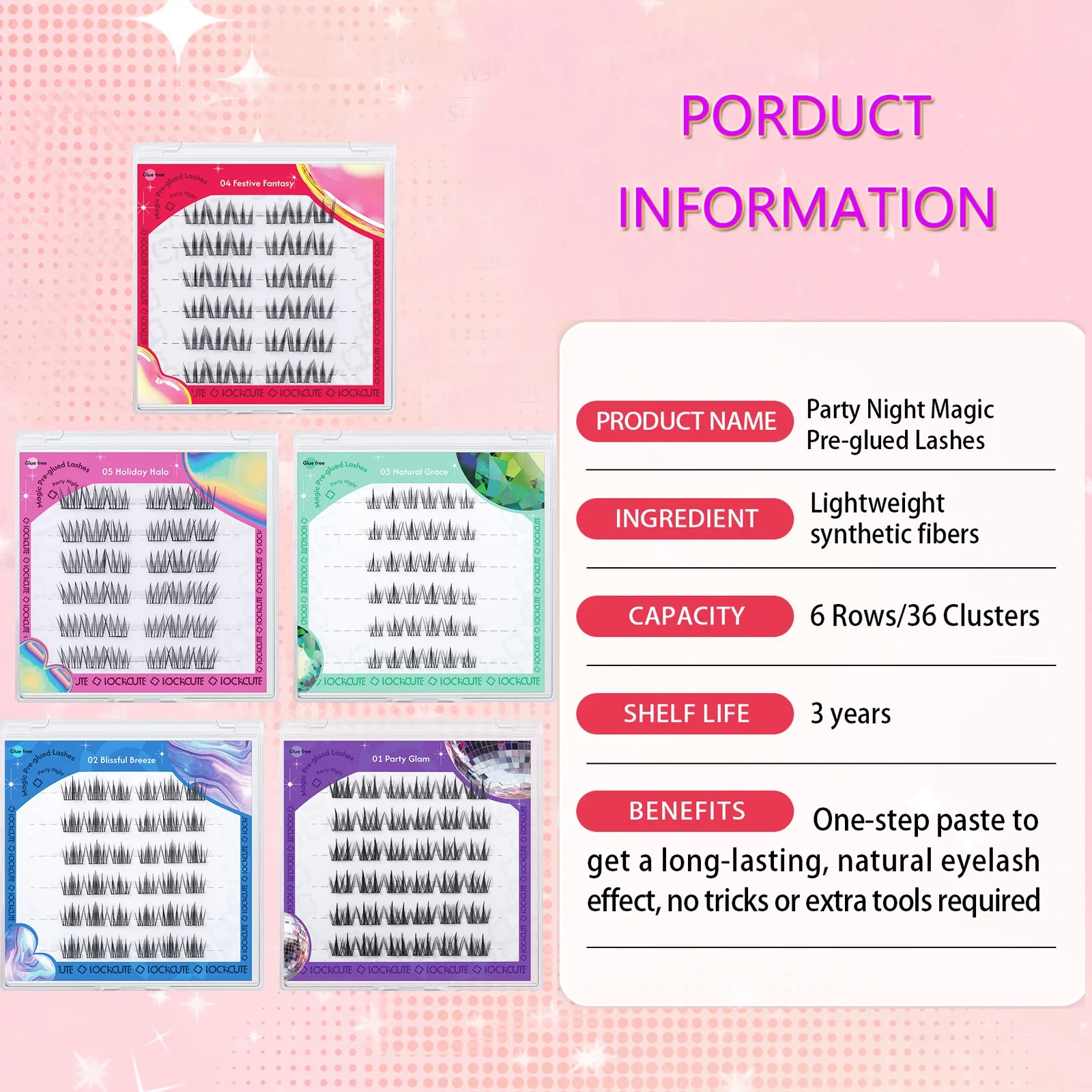 Sztuczne rzęsy z klejem LOCKCUTE, 6 rzędów/36 kępek, trwałość 24h, komfort na cały dzień, zestaw do przedłużania rzęs pojedynczych 9-12mm na imprezę/do codziennego użytku