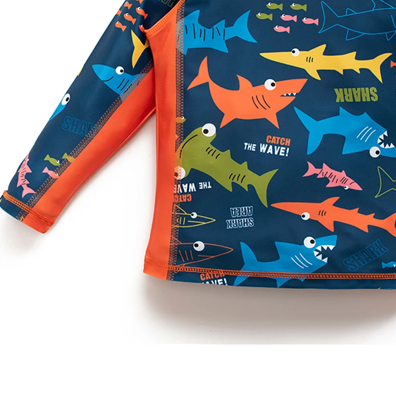 Baby Swimsuit Boy Shark Cartoon Pattern Printing 3 Piece Set Swimwear Sunscreen Drawstring Belt Trousers Long Sleeved Swimsuit