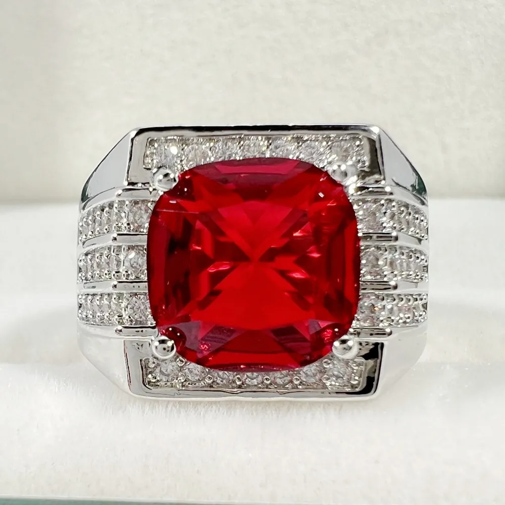 4Ct Red Gemstones Ruby Tanzanite Full Diamonds Rings for Men Pure Silver Plate 18k White Gold Luxury Ring Business Finger Bands