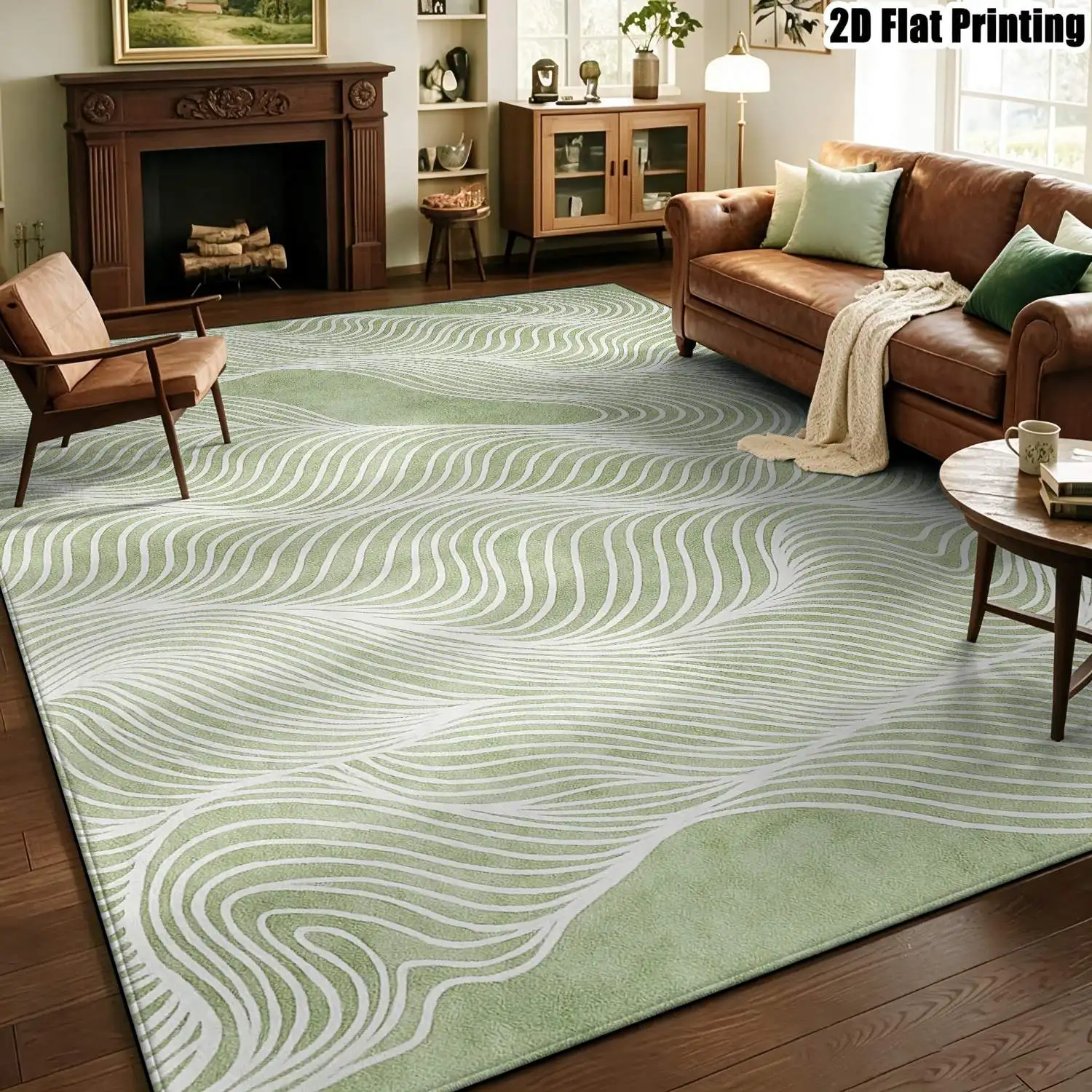 1Pc 2D Printed Green Wave Line Nordic/Instagram Style Minimalist Geometric Abstract Art Carpet, Machine Washable, Multi-Size, Ideal for Home Decor Such as Living Room, Bedroom, Dining Room, Entrance, Study