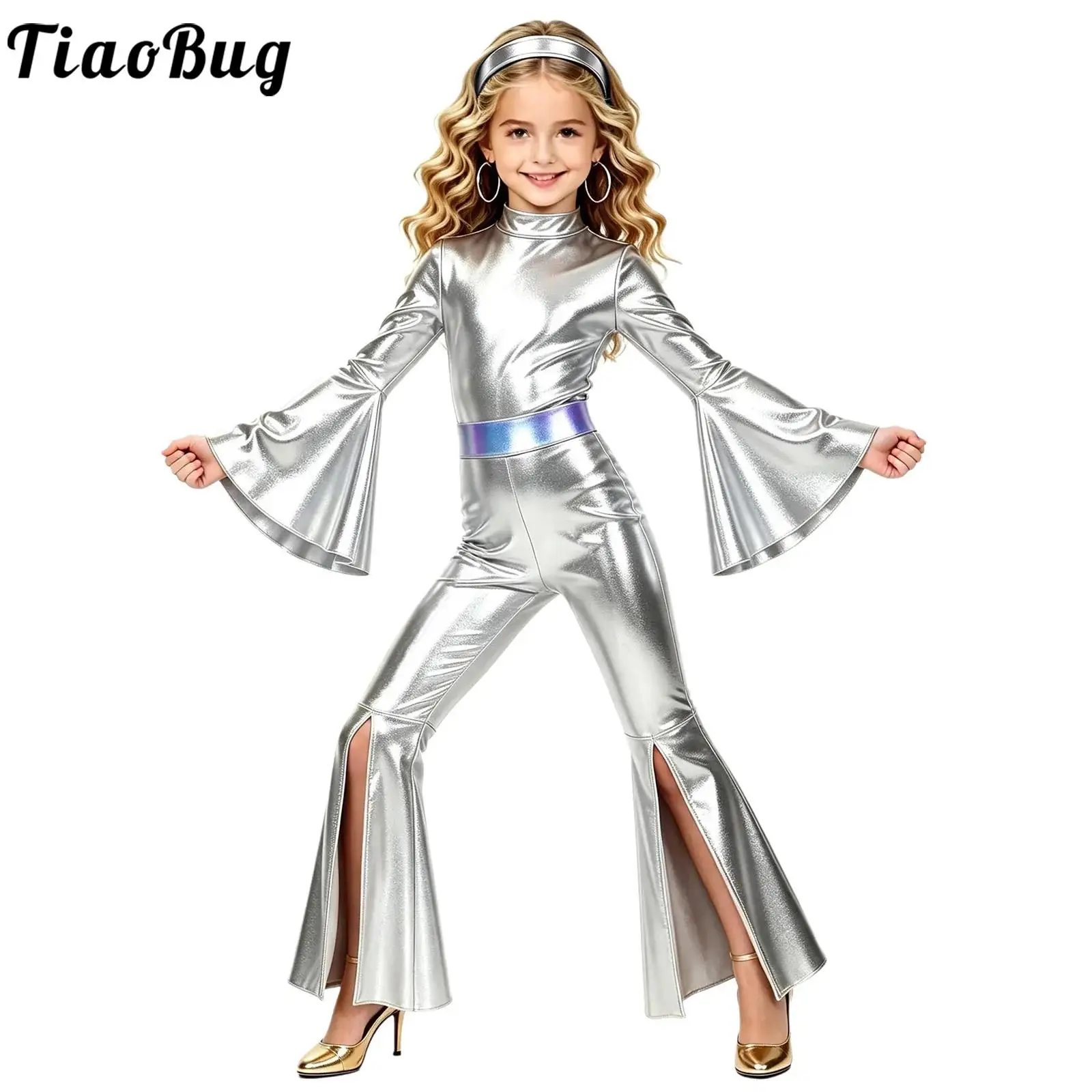 Kids Girls Metallic Shiny Disco Jazz Dance Costume Long Flared Sleeves Split Bell-bottom Jumpsuit with Headband Hippie Costume