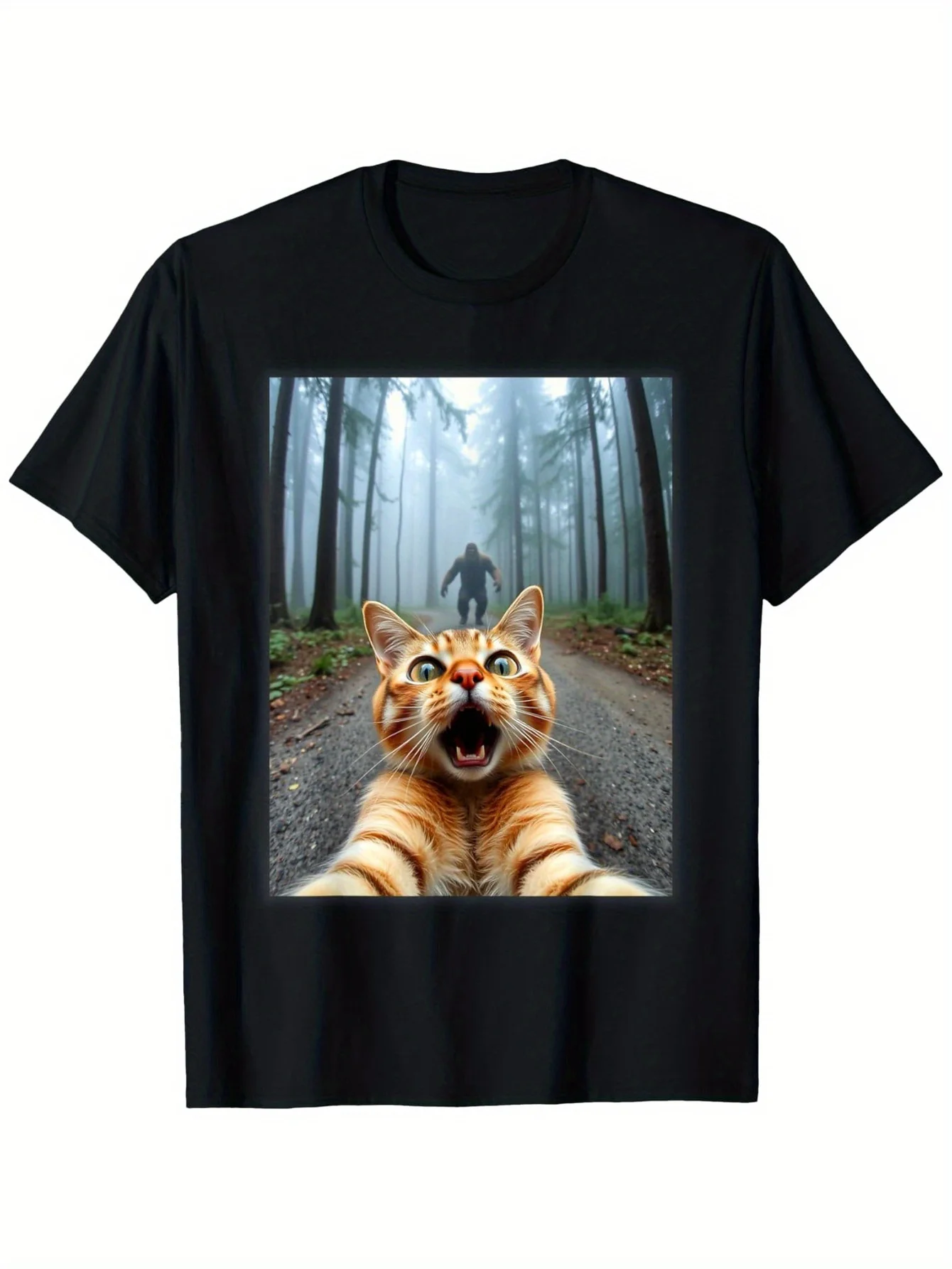 

Men'S Funny Cat Selfie& Sasquatch Graphic Tee Crew Neck T-Shirt Mature Style Regular Fit Stretch Fabric