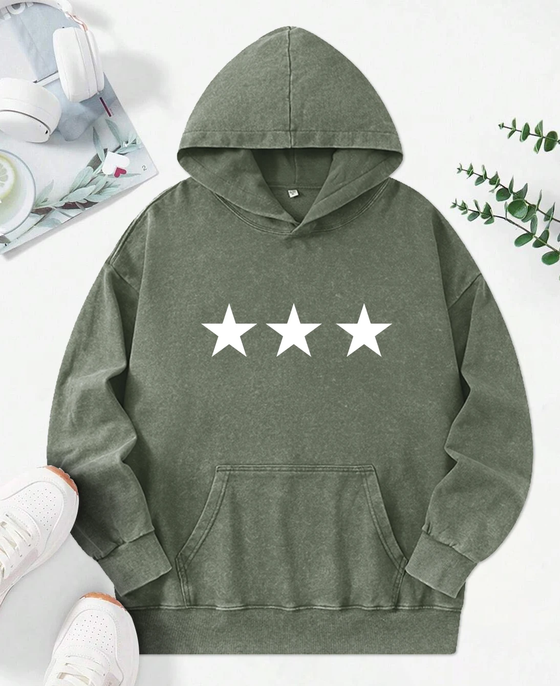 Simple Three Star  Printed Women Washed Hoodies Fashion Cotton Hoody Hip Hop Casual Pullovers Couple Y2K All-Match Clothes