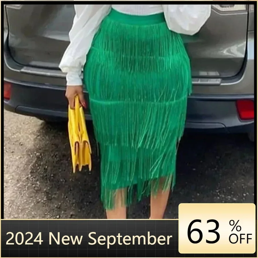 

Women's High Waist Fringe Skirt Tiered Bodycon Sheath Midi Skirts Tassel Jupes Big Size Elegant Modest Party Prom Dance Outfits