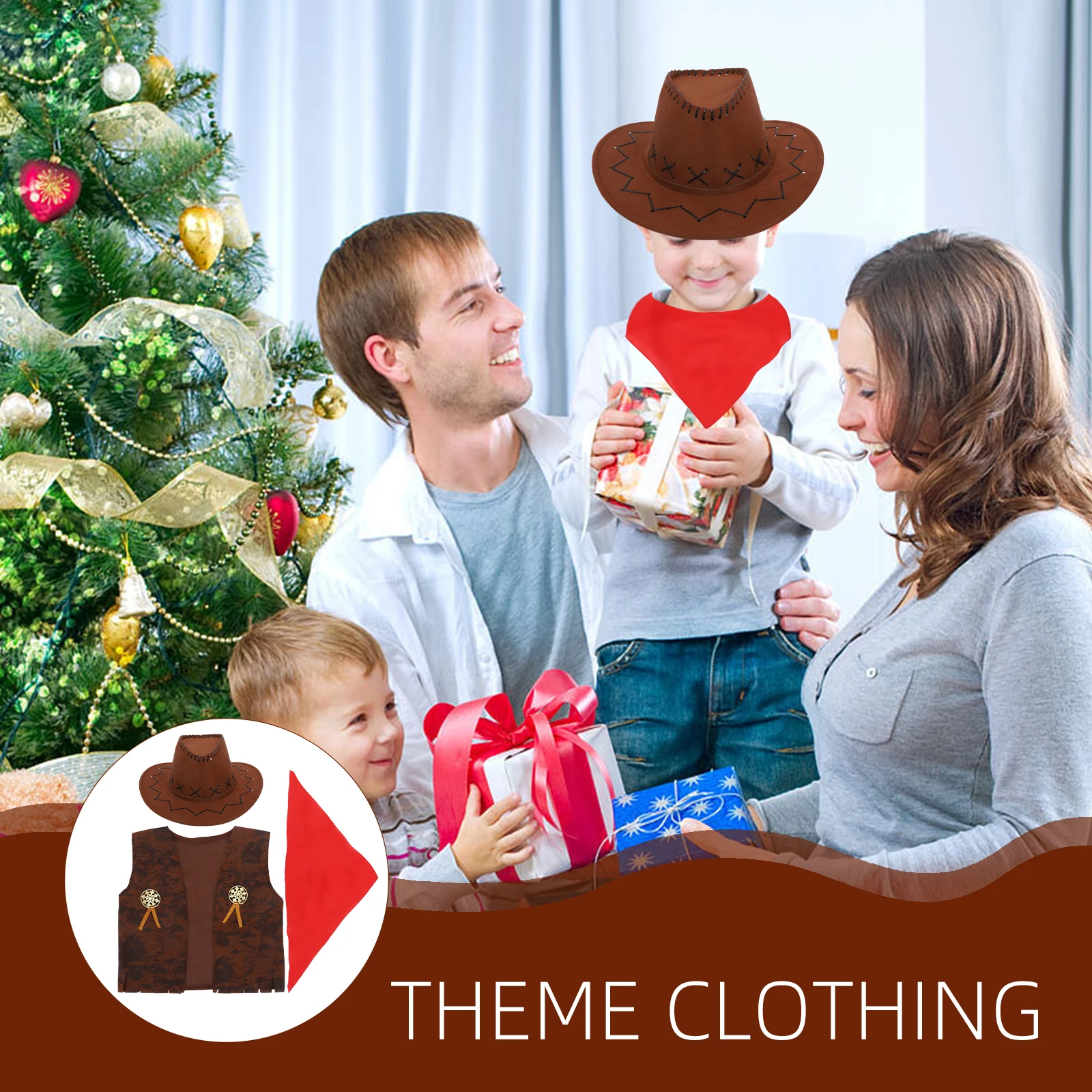 Cowboy-Kostüm-Set für Erwachsene und Kinder mit Weste, Hut und Bandana, Western-Kostüm für Männer und Frauen, Wild-West-Verkleidung für Partys und Cosplay