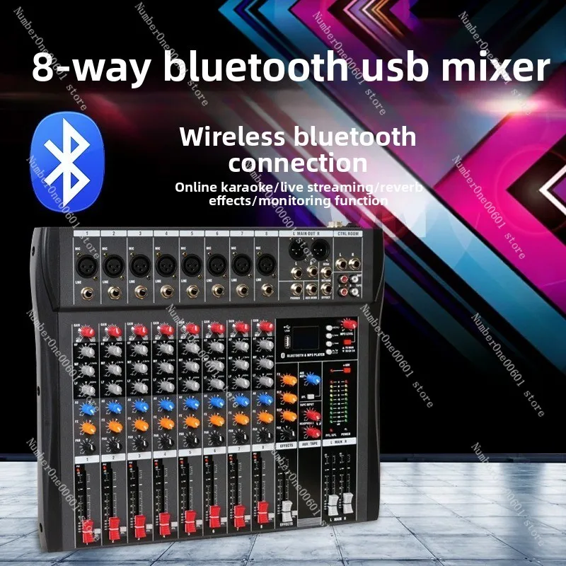8-Channel Professional Audio Mixer Compact Portable Stage and Conference Mixer with Phantom Power Bluetooth USB