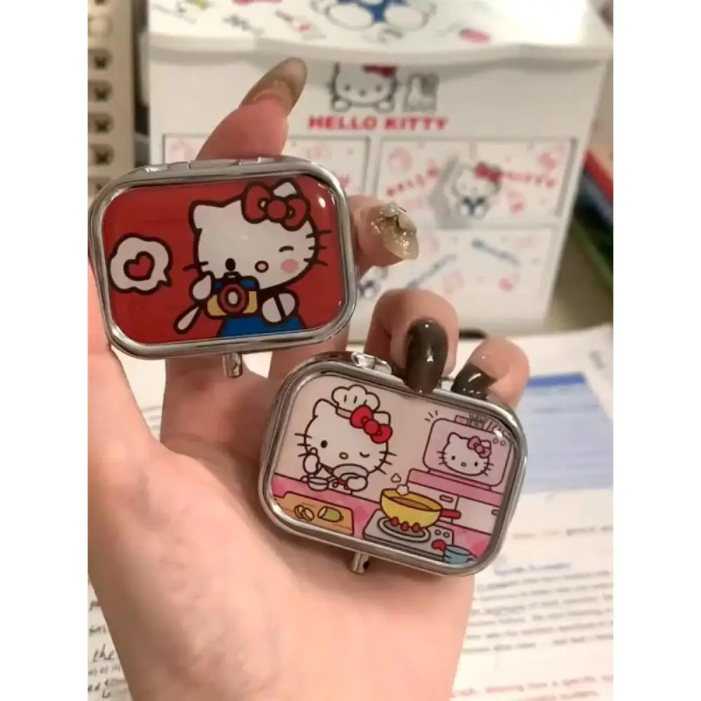 Hello Kitty Portable Jewelry Box Cute Travel Storage Box Mini Cartoon Metal Medicine Boxes with HD Mirror Sealed Subpackage Boxs