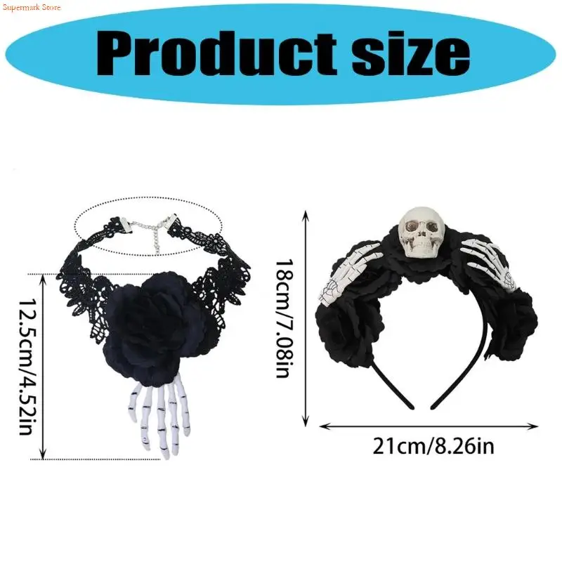 Q5WE Spooky Skull Hairband With Simulation Flowers Halloween Costume Decoration