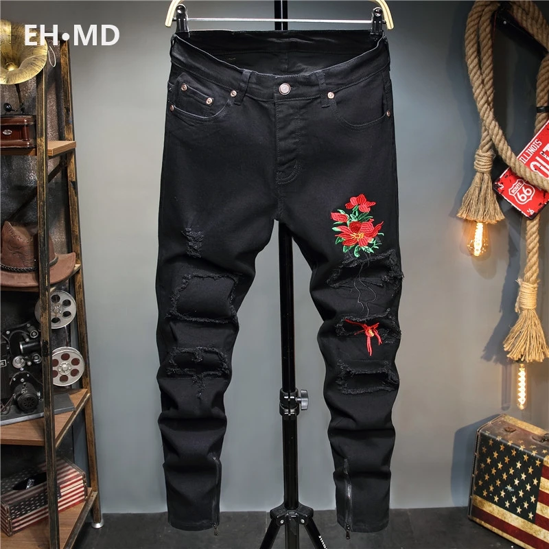 

EH·MD Rose Embroidered Jeans for Men Worn 3D Hollow Hole Small Foot Pants Hip Hop Motorcycle Repair Street Soft High Elastic 024