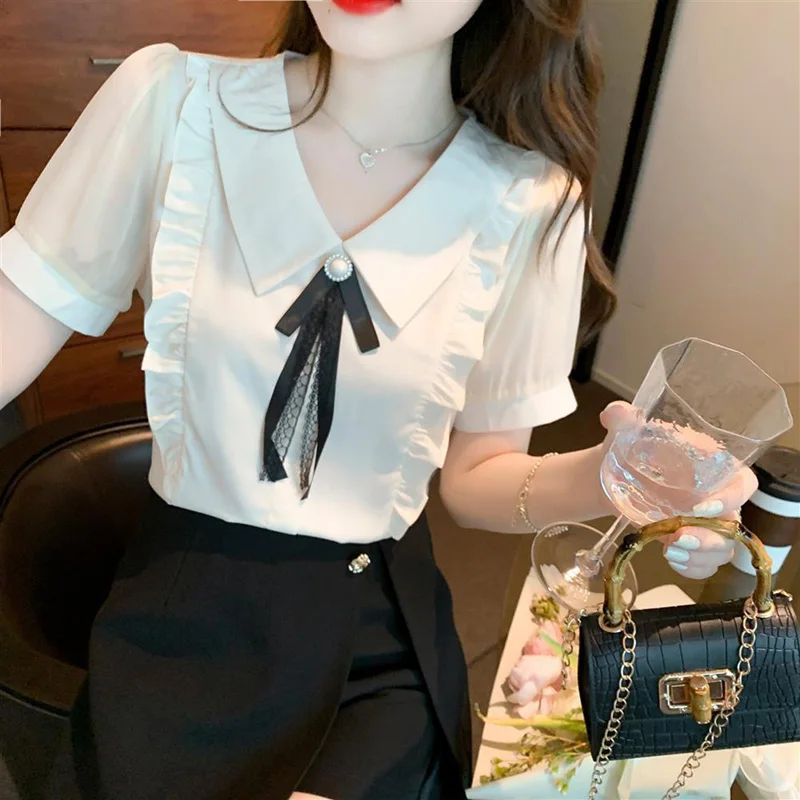 Sweet Bow Lapel Spliced Puff Sleeve Button Oversized Ruffles Shirt Loose Commute Tops Summer Elegant Female Clothing Chic Blouse