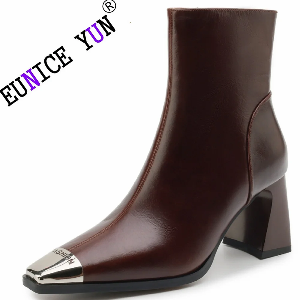 

【EUNICE YUN】New Handmade Brand Genuine Leather Square High Heels Black Brown Zipper Dress Office Ankle Boots Shoes 34-40