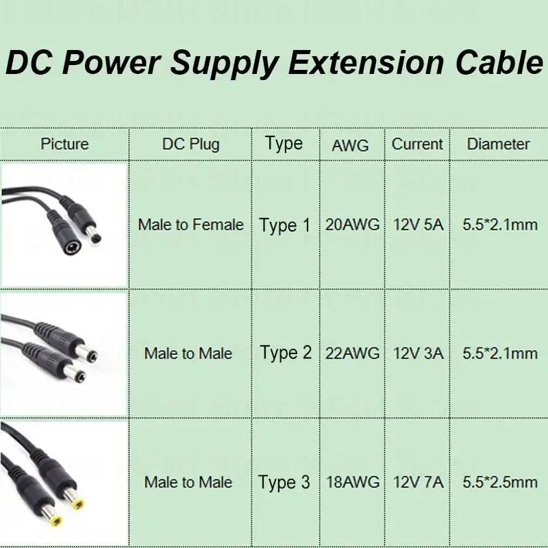 12V DC Power Extension Cable 5.5x2.1 Plug Female to Male 5.5x2.5 Male to Male Adapter Cord For CCTV Camera Strip Light B4