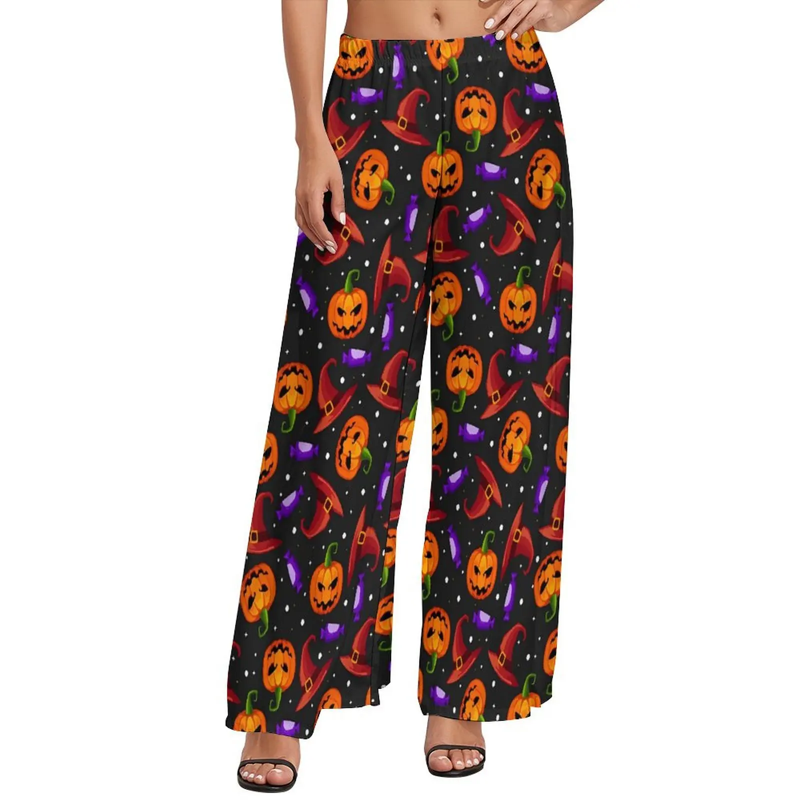 Halloween Straight Pants Pumpkin Witch Hat Candy Kawaii Wide Leg Pants Woman Big Size Streetwear Custom Trousers