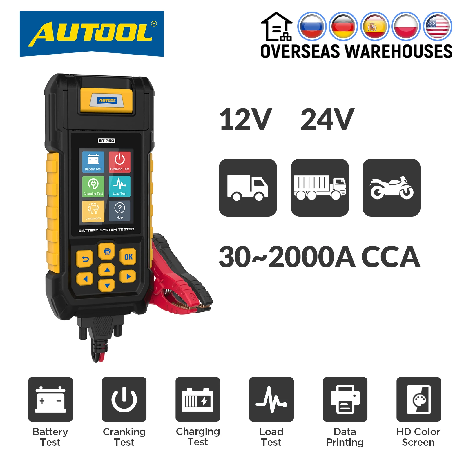 AUTOOL BT760 Car Battery Tester Analyzer 12V 24V Auto Cranking Charging Test Tool With Printer Diagnostic For Truck Motorcycle