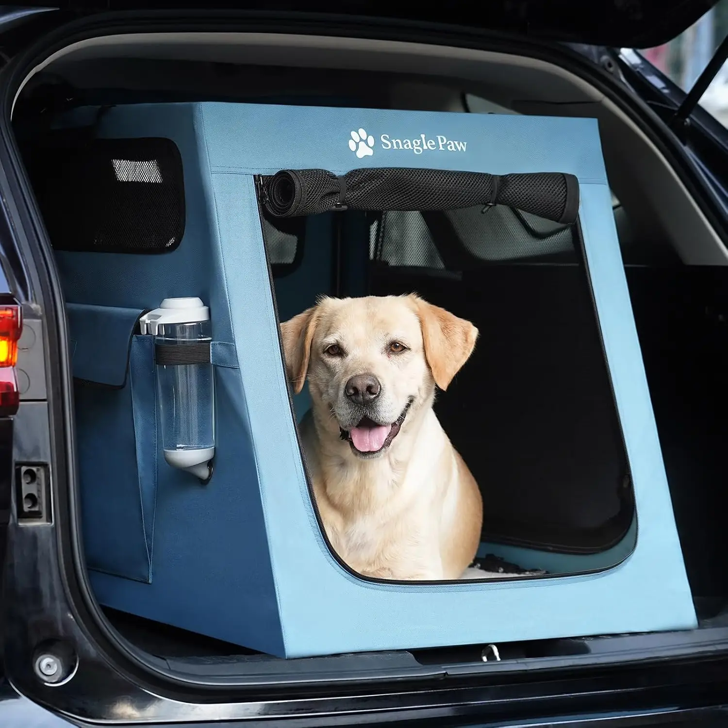 Portable Dog Crate for Car Travel, Collapsible Large Dog Travel Crate with Metal Frame & 3-Door Mesh Windows, Secures in Trunk/B