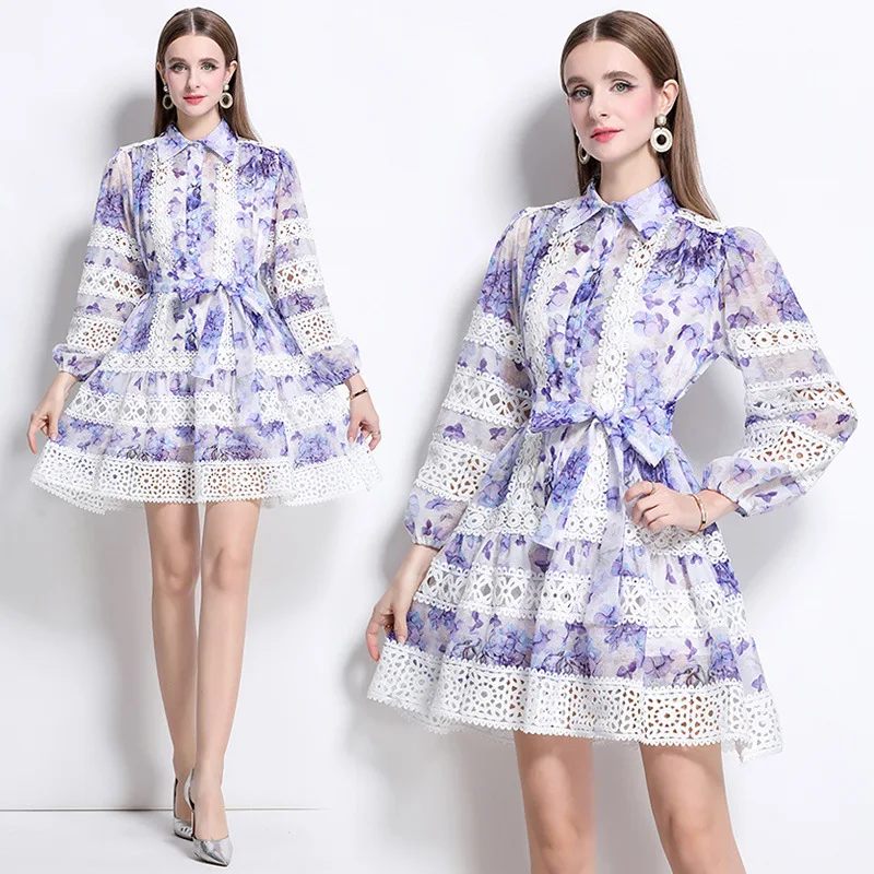 Retro Feel Spring Long Sve Lace Splicing Stampa Dr Scava fuori Fantasia floreale Vita ampia Lanterna Sve Taglio dritto S...