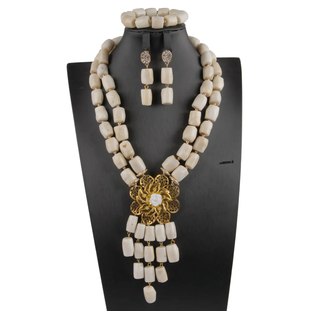 

White Cream Coral Wedding Jewelry Set African Coral Beading Bride Necklace Dubai Sets Gold Jewelry Gift Set ABS195