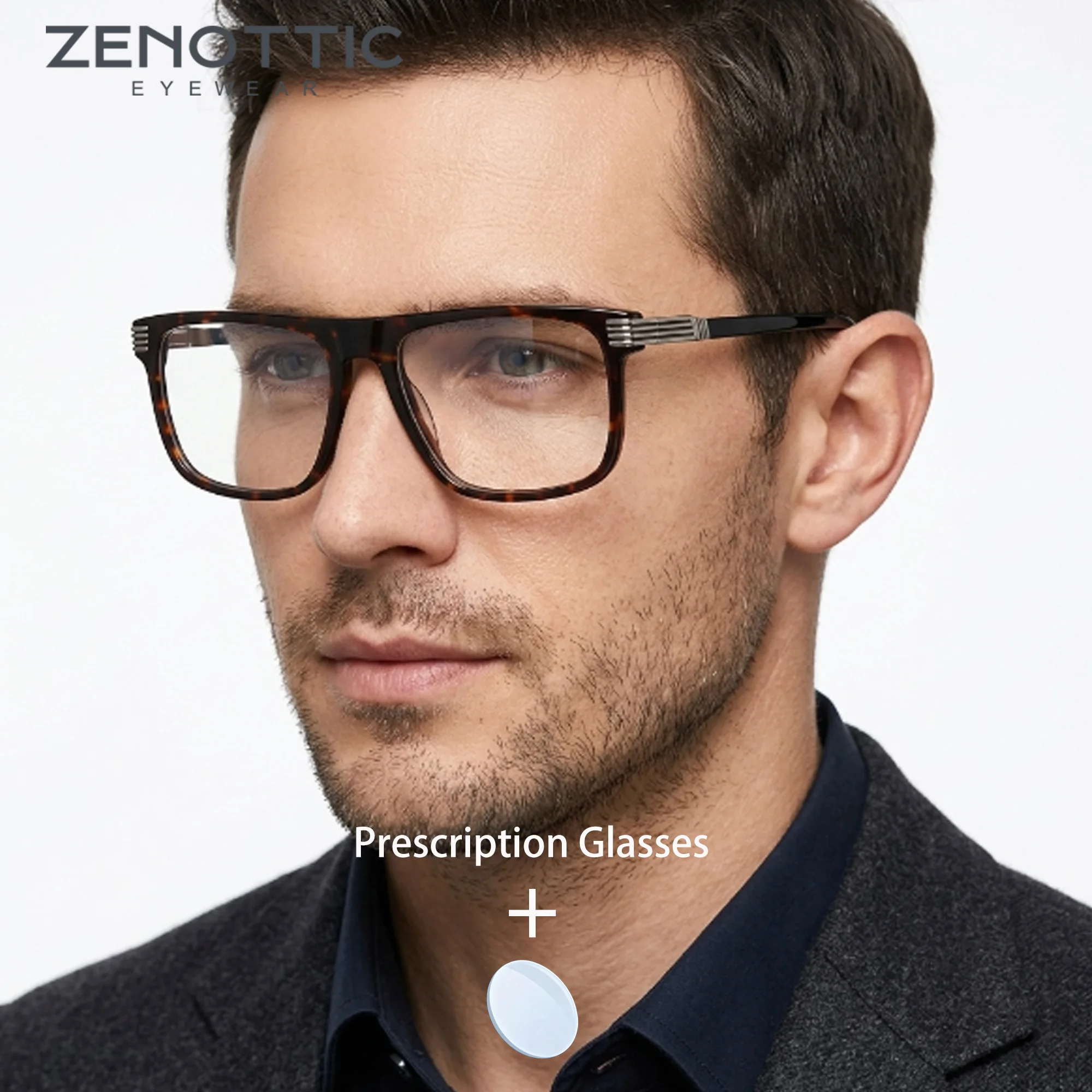 ZENOTTIC Acetate Square Custom Prescription Glasses for Men Anti Blue Ray Photochromic Myopia Corrective Optical Lenses