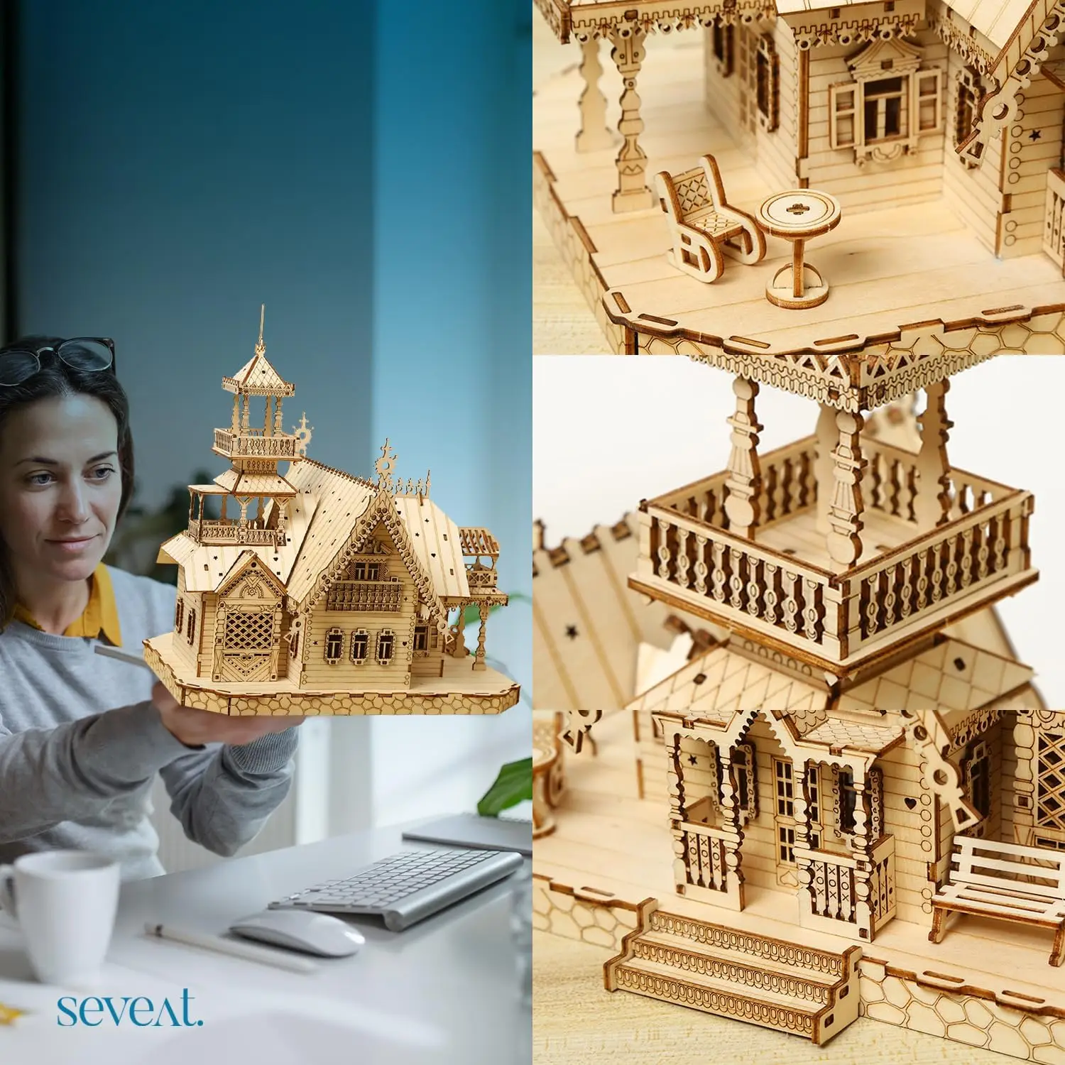 Puzzles 3D pour adultes et adolescents – Villa de bricolage en bois de 267 pièces, modèle en bois pour adultes pour construire, jeu de puzzle pour tout-O