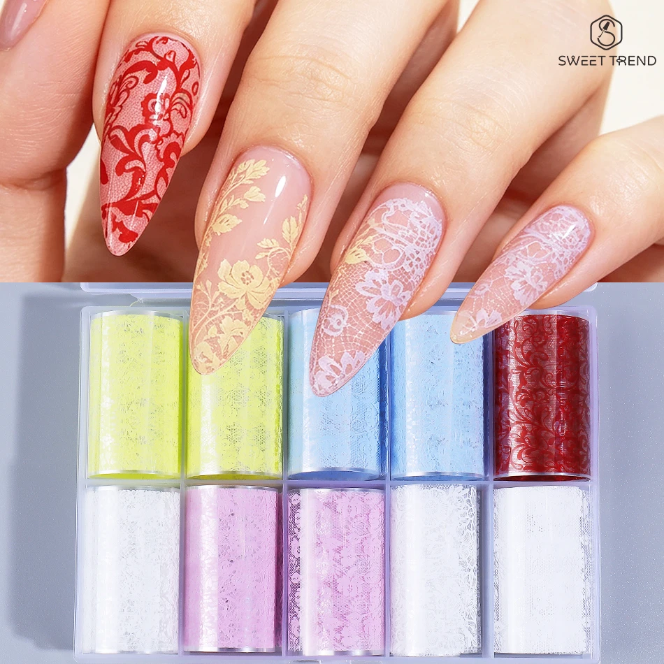 10 Rolls/Box Colorful Lace Nail Transfer Foils Floral Hollow Lace Nail Foil Mixed Color Starry Sky Paper DIY Manicure Decoration