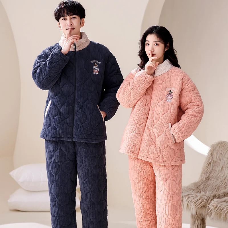 Newest Couple 3 Layer Clip Cotton Pajamas Set Winter Women and Men Warm Flannel Pijama Lovers Cute Cartoon Sleepwear