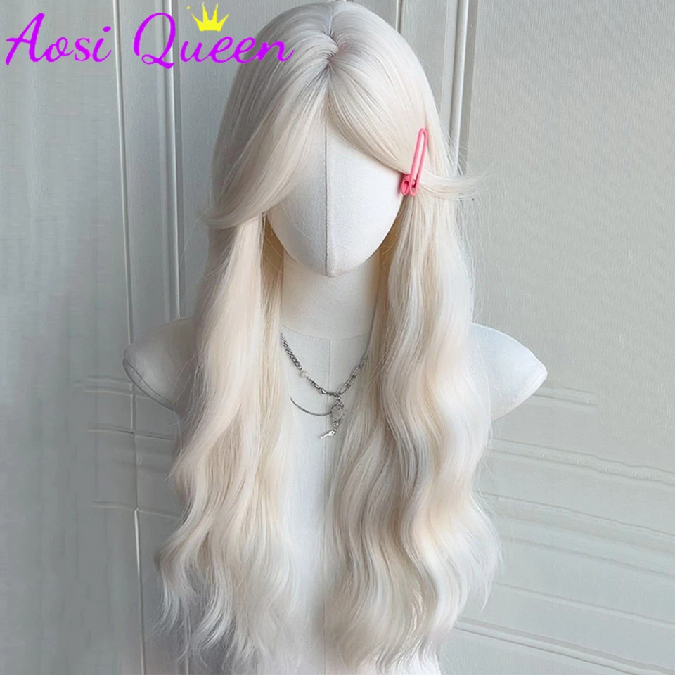 AOSI  Long Body Wave White Gold Cosplay Wigs Heat Resistant Synthetic Wigs Bangs Natural Lolita Wigs For Women