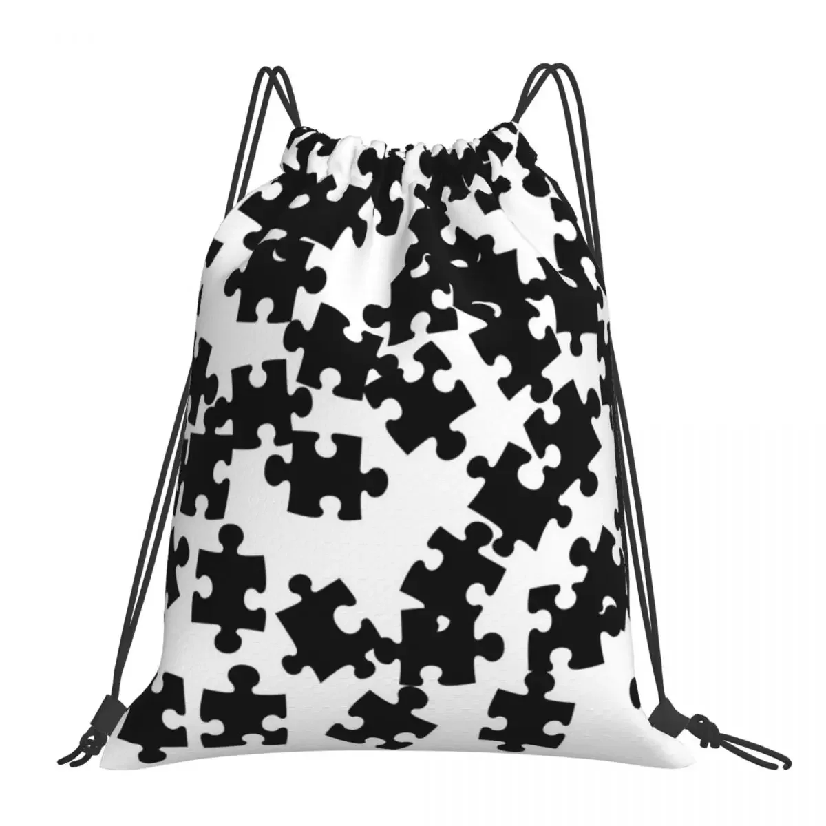 Black White Pattern Puzzle Pieces Teamwork Game Night Backpacks Casual Portable Drawstring Bags Sports Bag BookBag For Man Woman