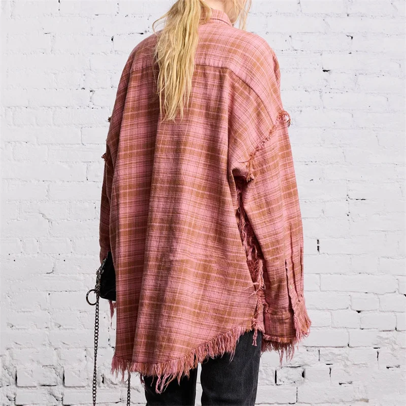 bluzki damskie trend 2024 jesień nowa flanelowa krata luźna bluzka z długim rękawem Vintage bawełniana koszula damska Casual luźna cienka kurtka