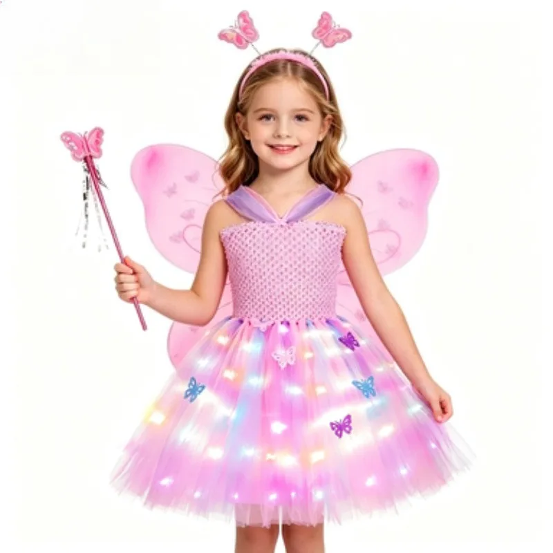 LED Light Up Tulle Princess Dress with Colorful Lights, Kids Outfit for Stage Performances, Birthdays, Halloween and Parties
