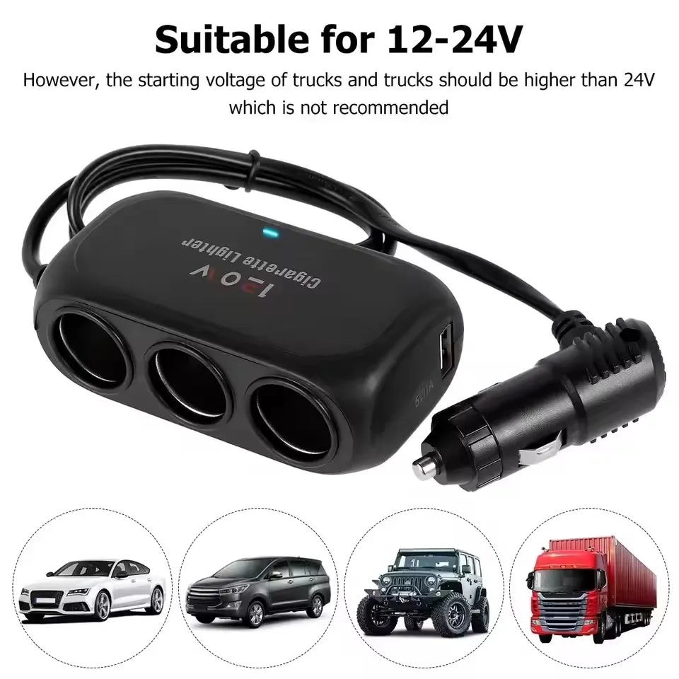 12V 24V 3 Socket Car Cigarette Lighter Splitter Dual USB LED Car Fast Charger Car Charger Adapter for lPhone GPS Dashcam