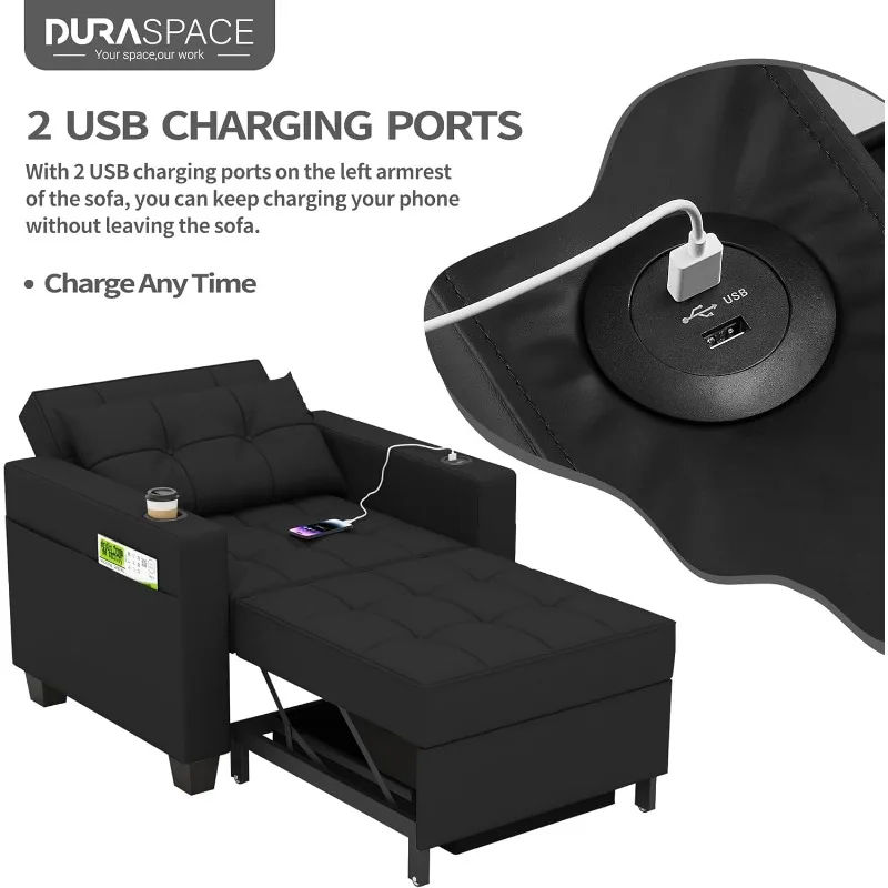 DURASPACE 39 inch Futon Chair Bed Convertible Chair 3-in-1 Pull Out Sleeper Reading Chair Beds with USB, Armchair Sleeper Room