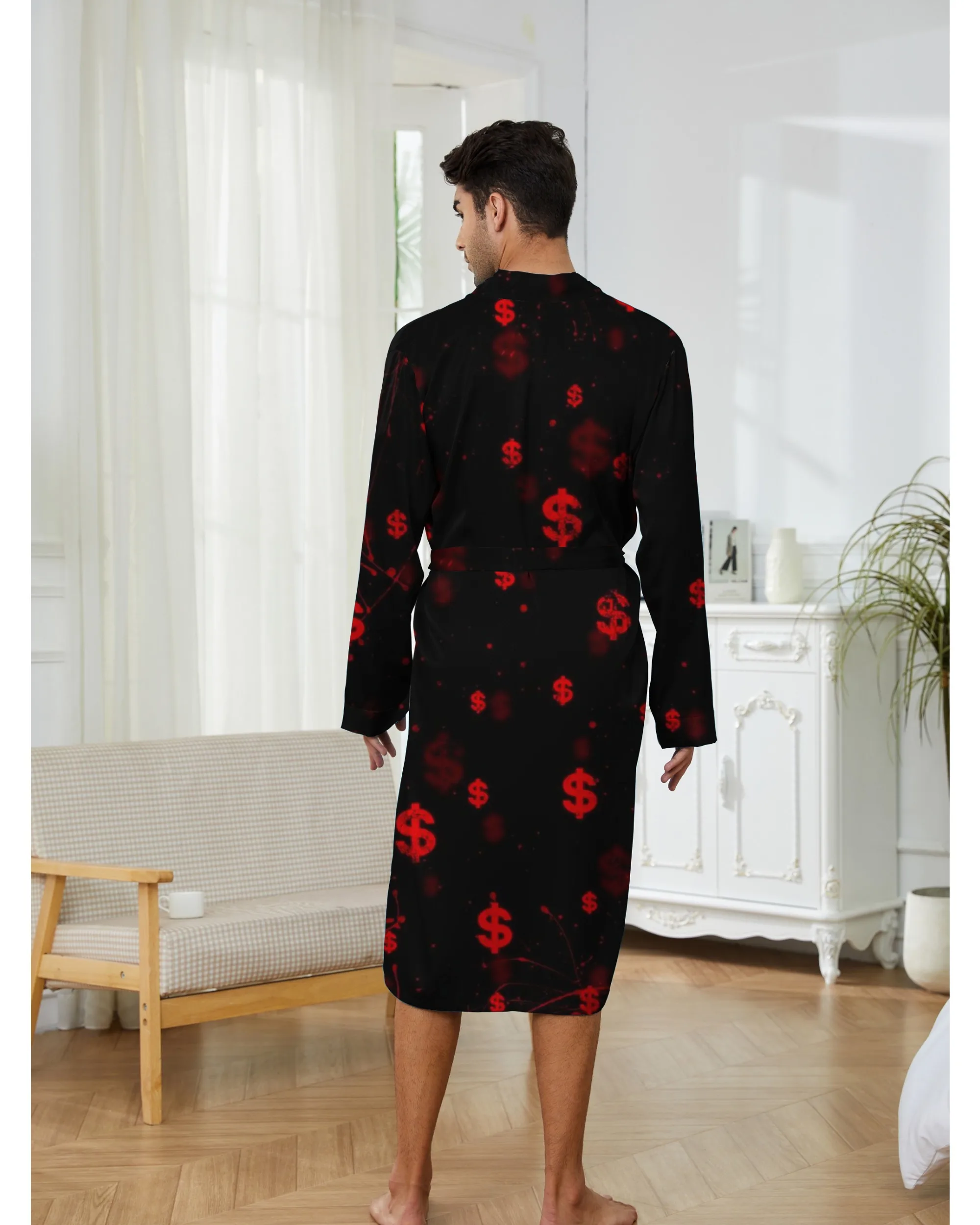 Men's sleeping robe with digital printed US dollar logo, Spring and Autumn home casual sleeping robe, quick drying