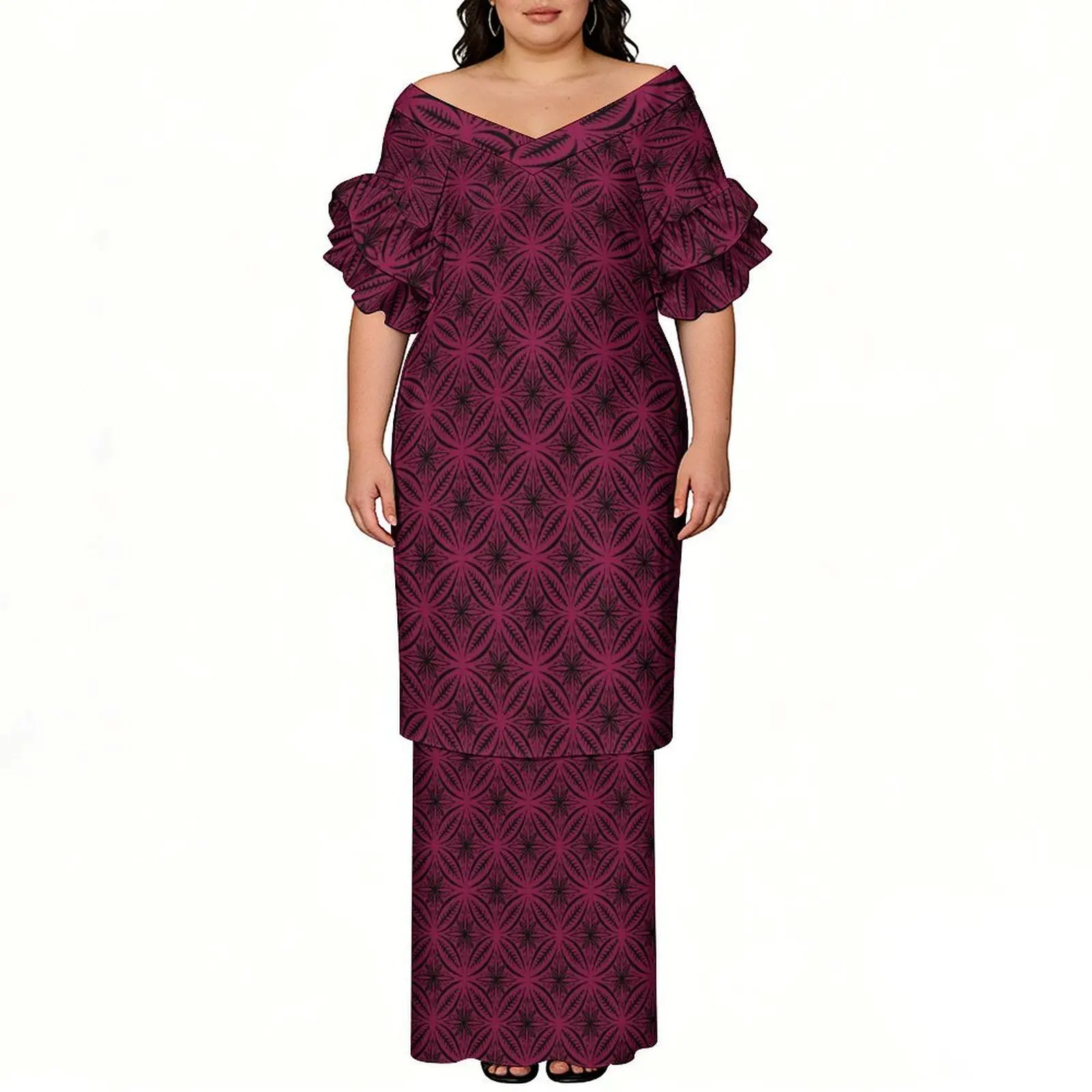 Polynesia Wide Neckline  V-Neck  Lotus Sleeves  Two-Piece  Floor-Length Dress  High-Definition 3d Printed Pattern Puletasi