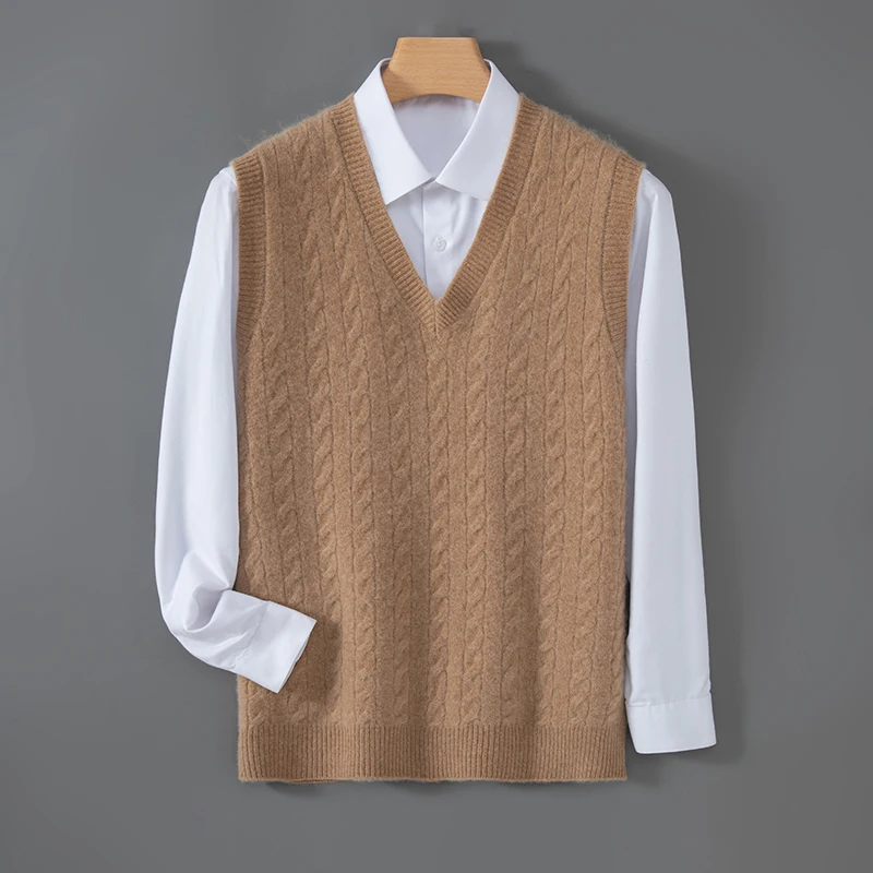 Men's V-Neck Jacquard Waistcoat 100% Australian Wool Knit Vest 2026 Winter Thick Sleeveless Sweater Casual Loose Pure Wool Tops