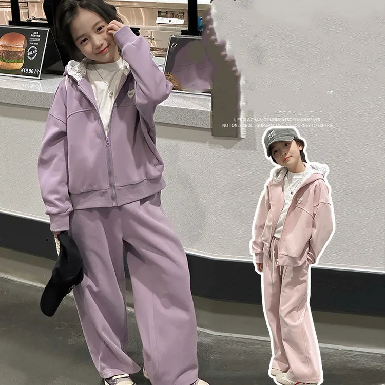 

School Girls 2pcs Tracksuit Autumn Lace Patchwork Hooded Coat+Drawstring Sweatpant 4-14Y Girls Sets Long Sleeves Kids Girl Suits