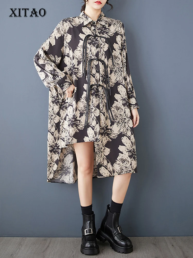 

XITAO Irregular Single Breasted Full Sleeve Dress Casual Print Loose Fitting A-line Chinese Style Autumn Women Dress GMM1306
