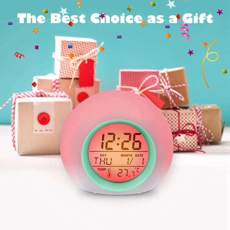 3X Kids Alarm Clock - Wake Up Light Digital Clock With 7 Colors Changing, Press Control And Snooze Function For Bedrooms