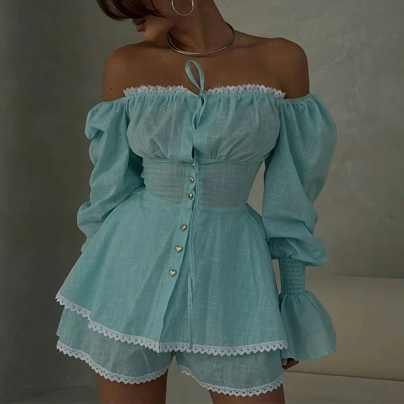 

Women's clothing 2025 summer new style one-shoulder strap lace shirt wide-leg shorts suit club clothing Vestidos