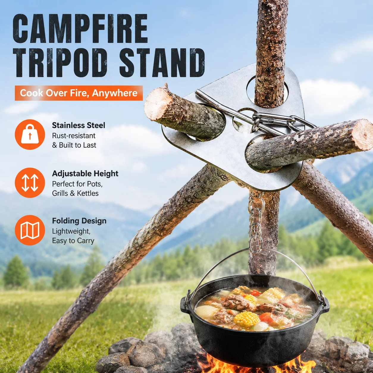 Outdoor Campfire Tripod Stand Stainless Steel Adjustable Hanging Pot Grill Rack Folding Fire Pit Cooker