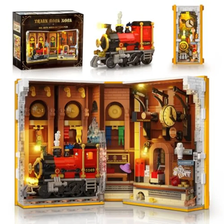 

Конструктор-книжный уголок «Волшебная железнодорожная станция» со светом, 1300 деталей, для книжной полки, домашнего декора, DIY мини-модель