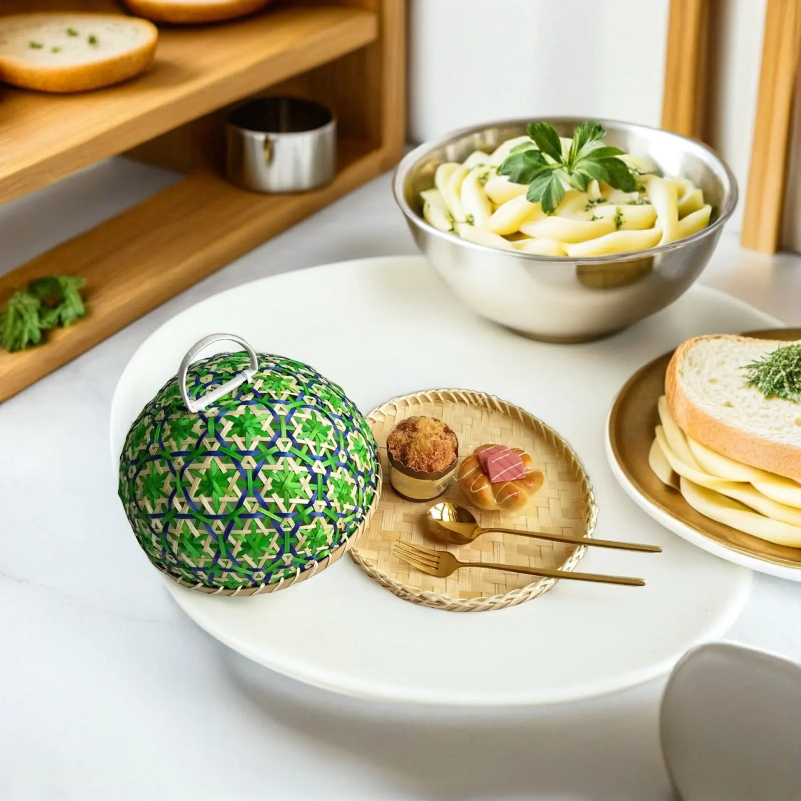 1Set Round Woven Rattan Serving Tray Handmade Large Food Tent Picnic Cover Portable Outdoor Food Dome Cover Bbq Camping Dining