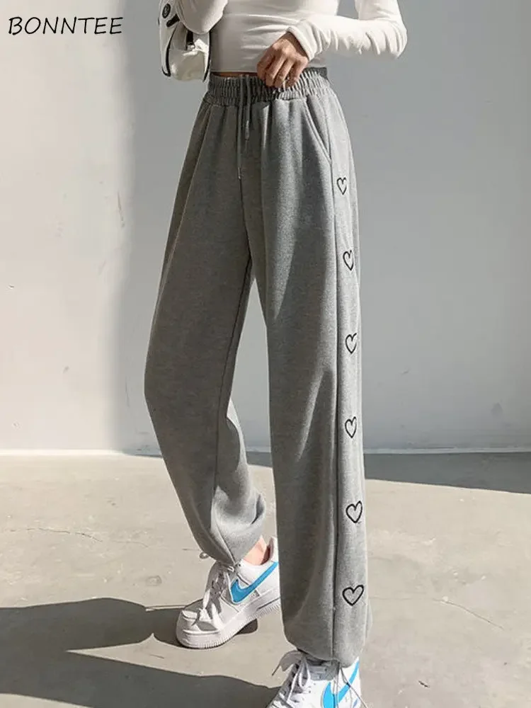 

Sporty Pants Women Heart Embroidery Casual Loose All-match Korean Style Drawstring Jogger Chic Streetwear High Waist Spring Cozy