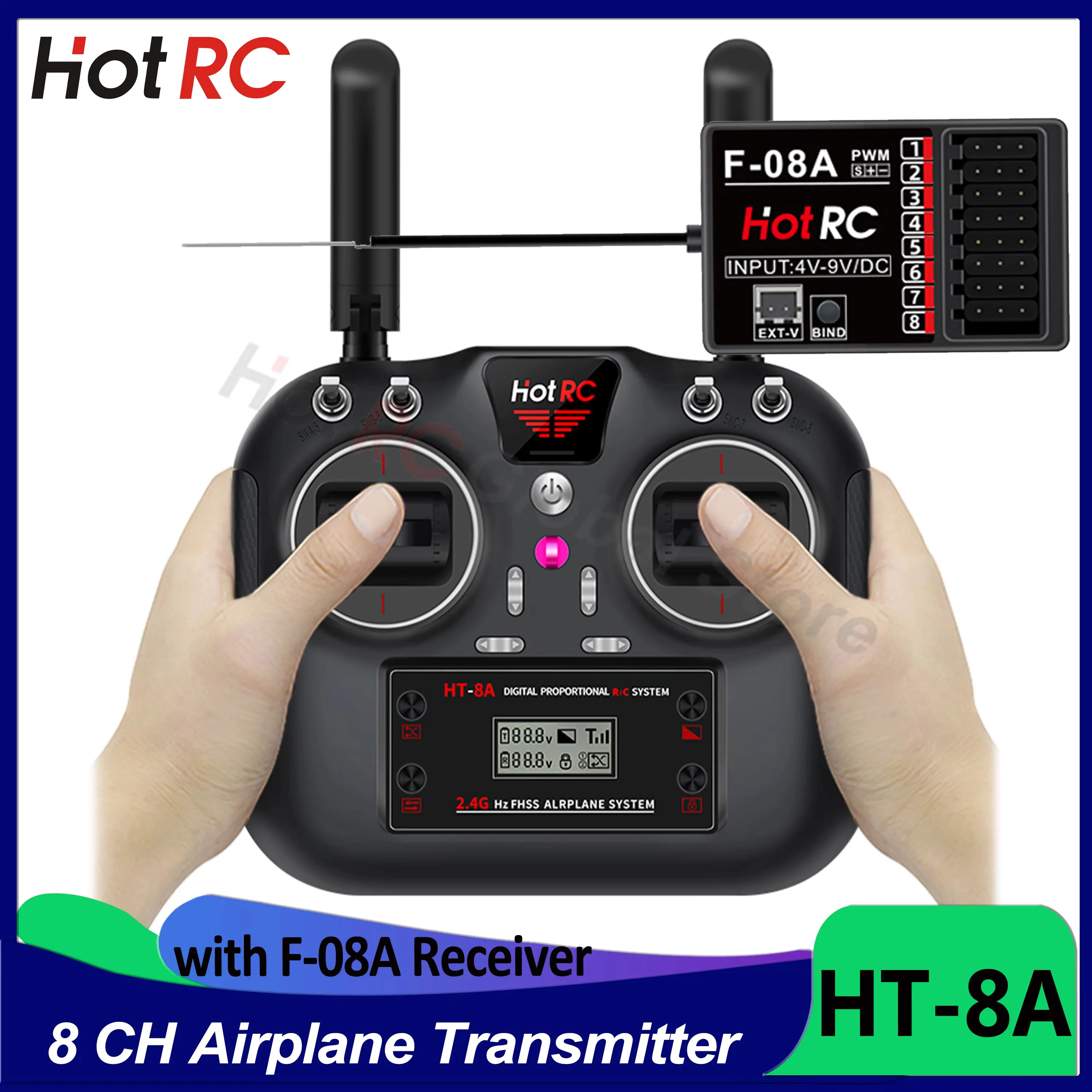 HotRC HT-8A Télécommande 2.4G 8CH 4.5-9V PWM FHSS Émetteur avec Récepteur F-08A Pour RC FPV Drone Avion Voiture soleil précieux