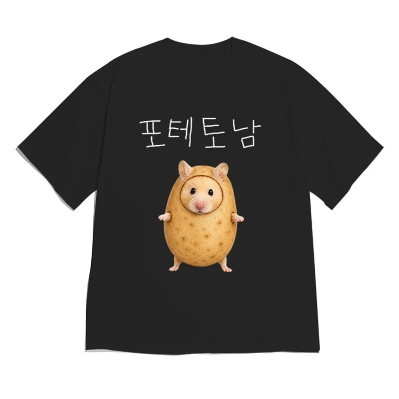 Women Korean Streetwear T-Shirt Funny Potato Hamster Meme Hangul Text Graphic Loose Cotton Y2k Casual Short Sleeve Daily Tops