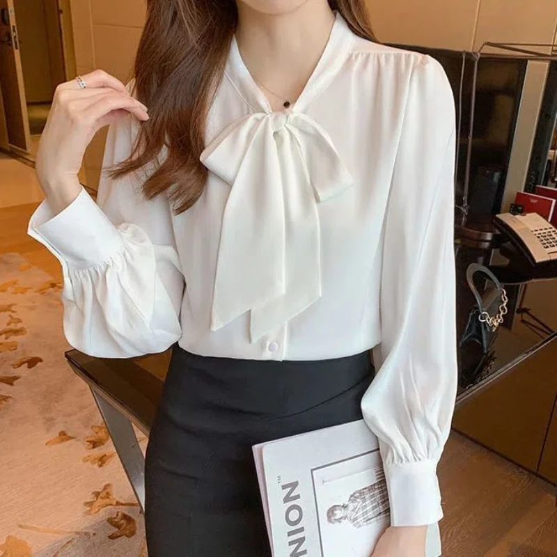 Spring and Summer New Women\'s Chiffon White Shirt Bow Single Breasted Fashion Casual Solid Color Loose Commuter Korean Version