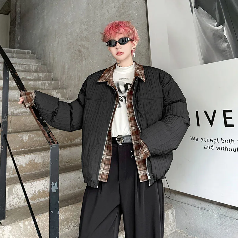 WTHT fashion men's spliced plaid fake two-pieves design coats trendy turn down collar casual jackets male 2025 autumn 2A2348