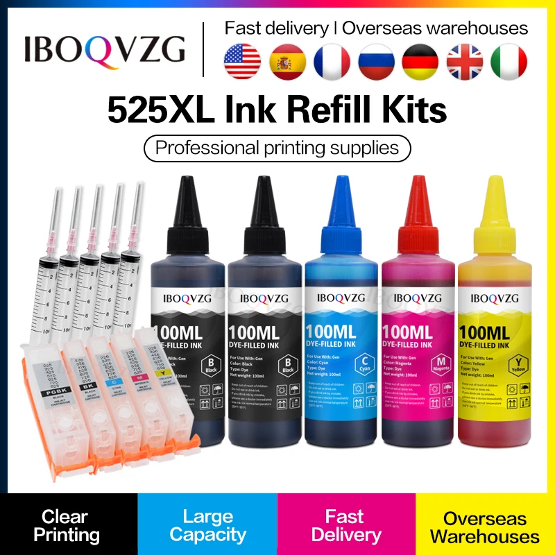 IBOQVZG 5x 100ml Ink Refillable 525 526 PGI-525 CLI-526 XL Cartridge + ARC Chips Pixma MG5300 MG5200 IX6550 MG6250 MG8150 MG8250