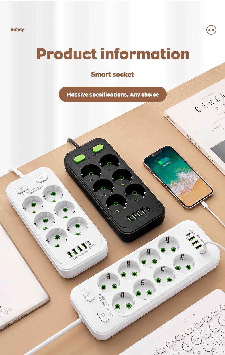 EU-Stecker Mehrfachsteckdose mit 2m Verlängerungskabel, Elektrische Steckdose mit Smart-USB, Überspannungsschutz und Netzwerkfilter für Zuhause und Büro – Detail 8