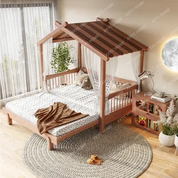 Lit rétractable tout en bois massif pour enfants, maison pour garçons et filles, petit appartement, épissage avec garde-corps, lit coulissant de 1.5m