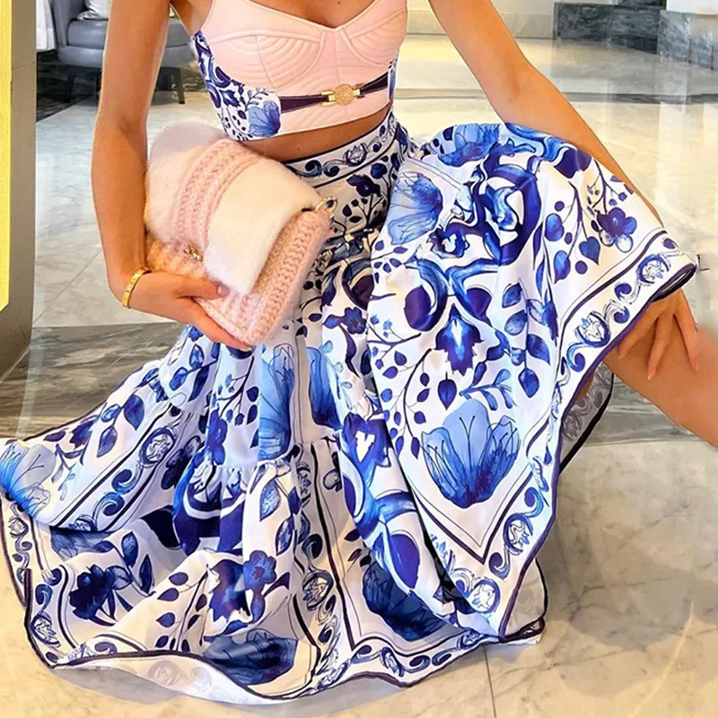 

Print Skirt Loose Tank Tops Matching Suit Summer Chic Lady Floral Skirts Outfits Women Slim Mid-Calf Skirt Elegant Two Piece Set